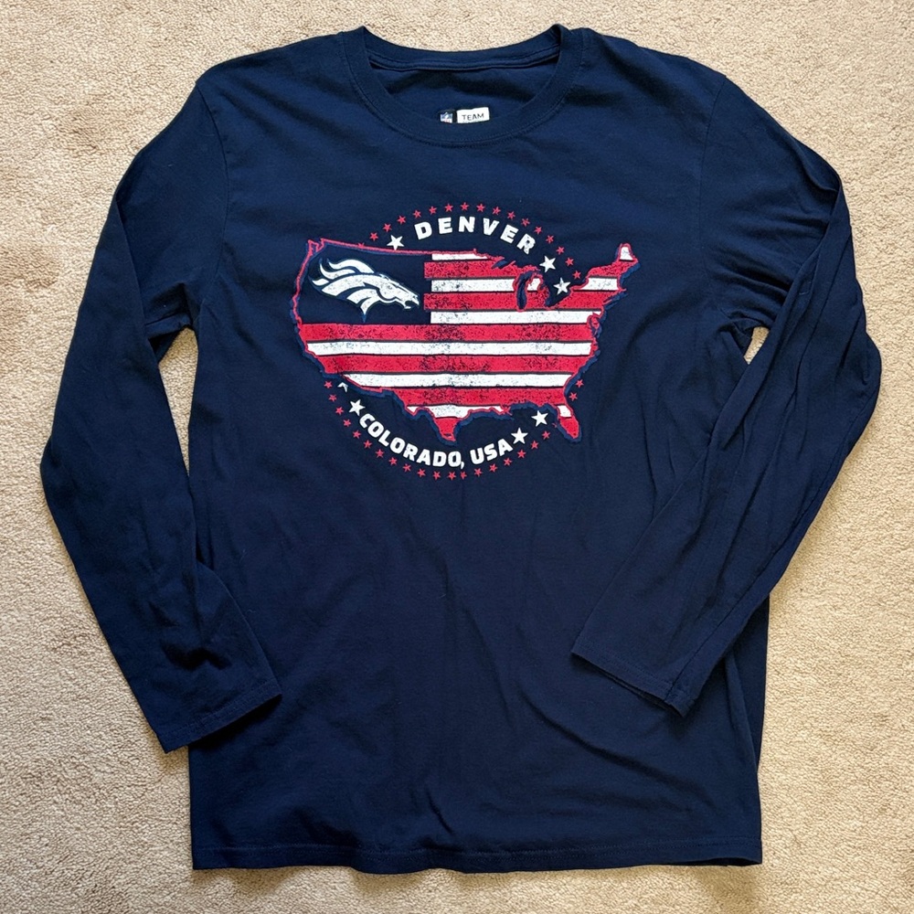 NFL Denver Broncos Navy Blue and Red Long Sleeve Tee Size Medium